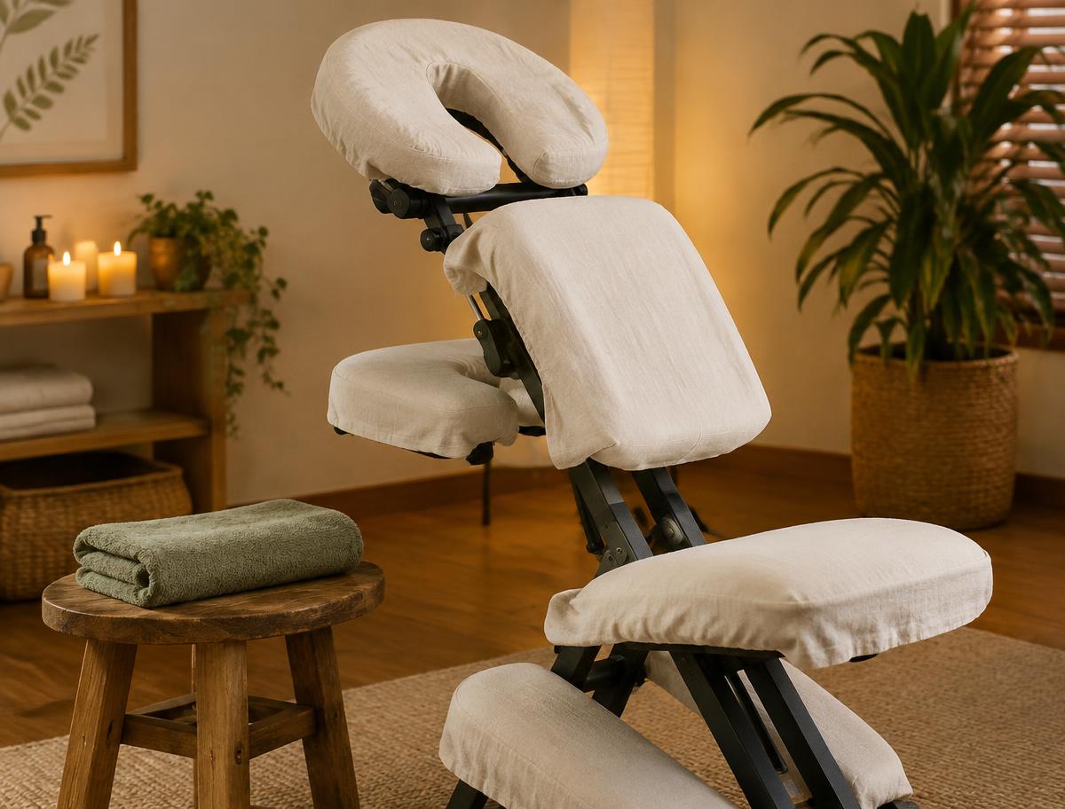 Massage chair with a face cradle draped in cream linen beside a wooden stool with a folded sage towel in a warmly lit room