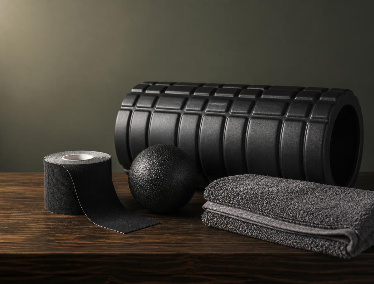 Foam roller, massage ball, roll of black kinesiology tape and a folded grey towel on a dark oak surface